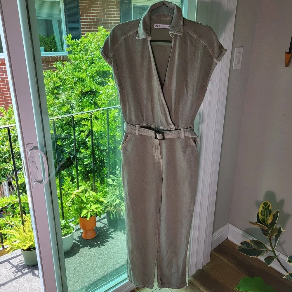 Zara Womens Sage Green Denim Belted Utility Jumpsuit Short Sleeve XS 1887/163